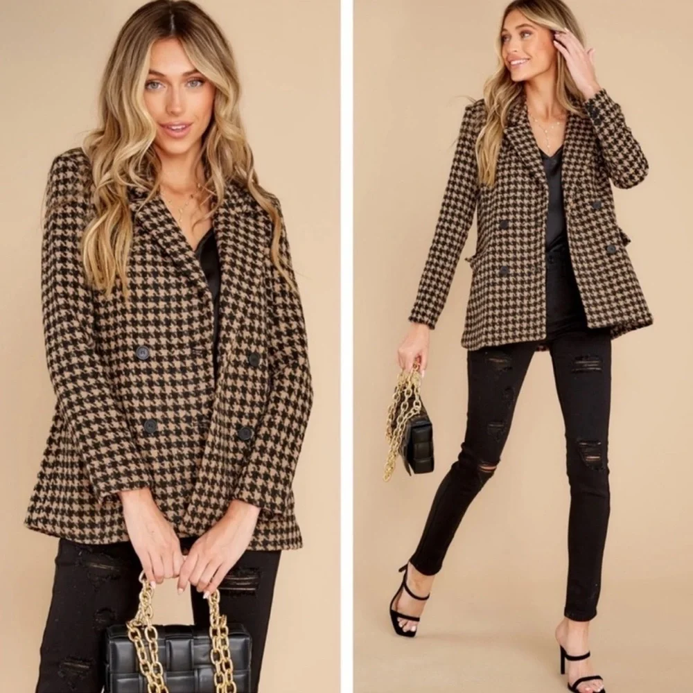 Blank NYC Book Club Houndstooth Double-Breasted Oversized Blazer Tan Black SZ S